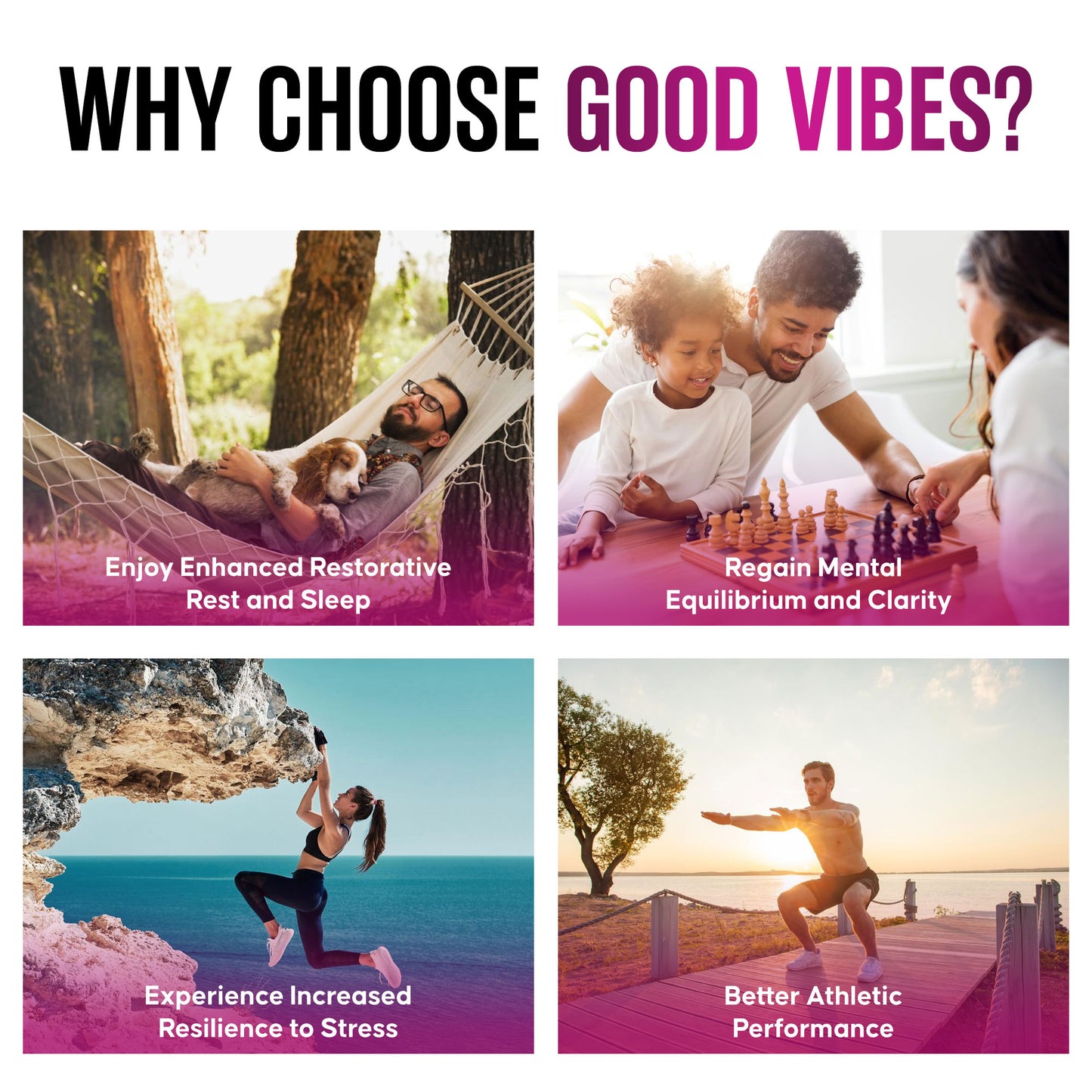 The image is a collage showcasing diverse activities promoting wellness and balance, titled "WHY CHOOSE GOOD VIBES?" It illustrates the benefits of the "Good Vibes - Natural Stress Relief Supplement," highlighting enhanced sleep, mental clarity, stress resilience, and improved athletic performance, resonating with an organic stress management lifestyle.