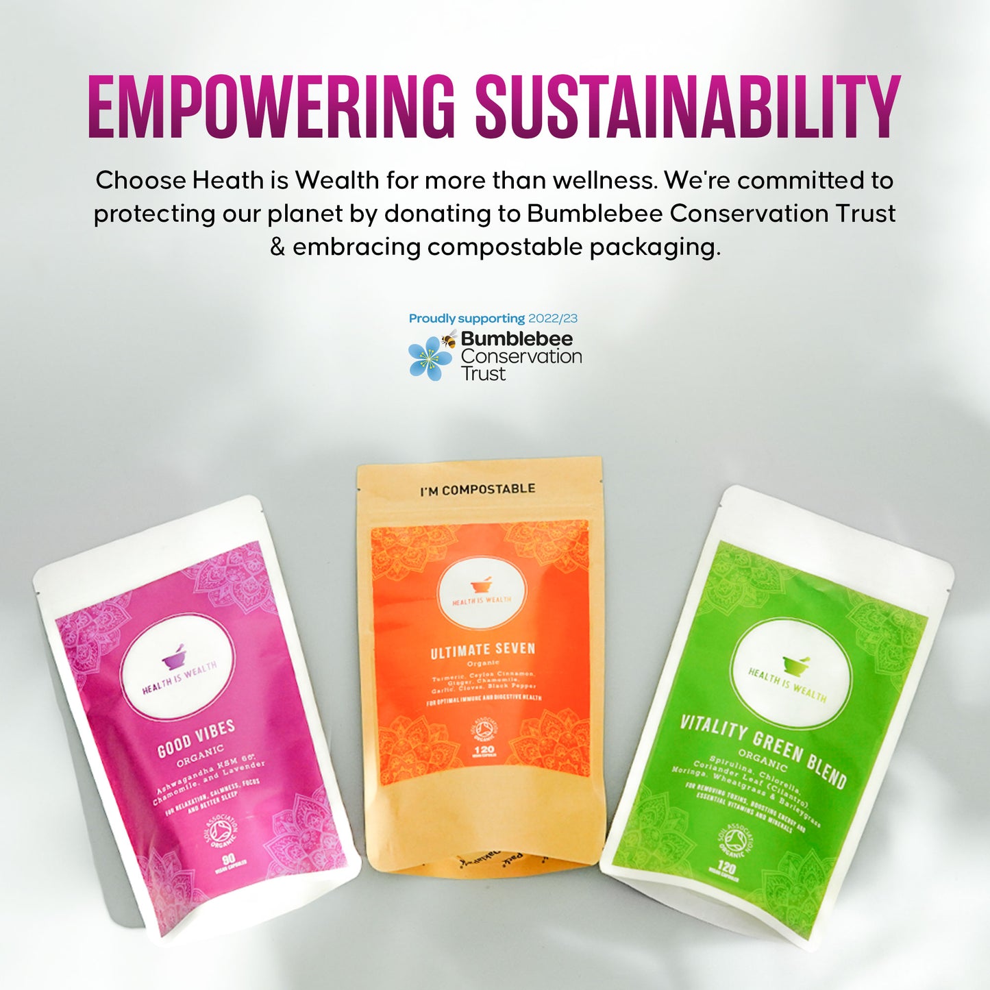 The image displays an array of three product packages from "Health is Wealth" with a clear environmental message. On the left is the "Good Vibes" product in pink, the middle shows "Ultimate Seven" in orange, and on the right is "Vitality Green Blend" in green, all marked as compostable. Above, a banner proclaims "EMPOWERING SUSTAINABILITY", detailing the brand's commitment to the planet through support for the Bumblebee Conservation Trust and sustainable packaging practices.