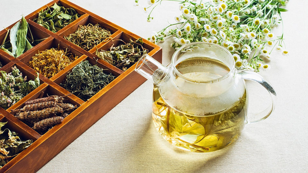 A wooden box divided into compartments filled with various dried herbs is shown alongside a clear glass teapot containing a light-colored herbal tea.