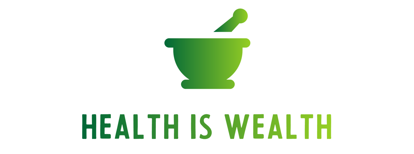 Logo of 'Health is Wealth', an Organic Plant Supplements Company, featuring a green mortar and pestle symbolising organic health supplements. The company specialises in natural remedies for stress relief, organic food supplements, and organic health shop products. Their commitment to organics supplements and healthy organic supplements is encapsulated in this simple yet meaningful design.