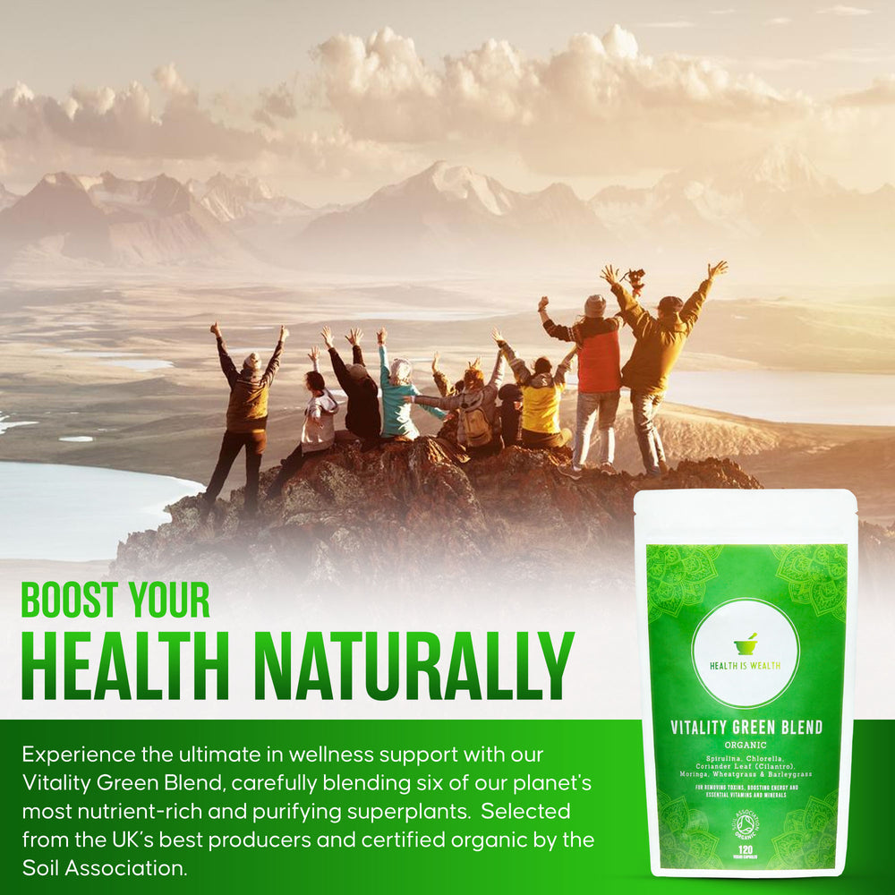 
                  
                    The image features a group of jubilant people atop a mountain, arms raised in triumph against a backdrop of majestic peaks, symbolizing peak health and vitality. Accompanying this inspiring scene is the "Vitality Green Blend Powder" by Health is Wealth, a product that promises a natural health boost with a formula comprising six nutrient-rich superplants. Certified organic by the Soil Association, it's presented as a premium wellness supplement sourced from the UK’s finest, fostering natural well-being.
                  
                