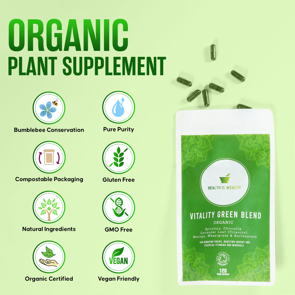
                  
                    The image is an informative display highlighting the organic plant supplement "Vitality Green Blend Capsules" from Health is Wealth. It lists its key ingredients— moringa, spirulina,chlorella, coriander leaf (Cilantro), Wheatgrass and barleygrass, —each accompanied by a brief description of their health benefits. The graphic reinforces the product's commitment to natural wellness, underscored by the green tones, symbolising vitality and purity.
                  
                