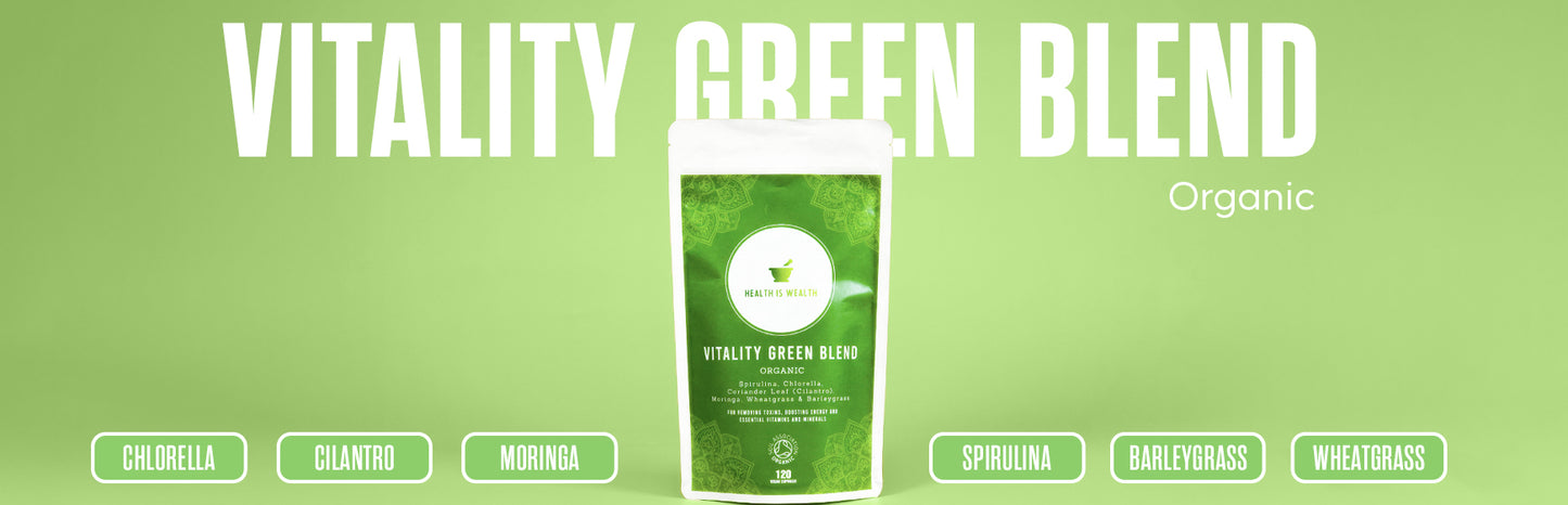 In the image, set against a bright lime green background, is a prominently displayed pouch titled 'VITALITY GREEN BLEND', one of the most nutritious plants and super food plants mix from Health is Wealth. This organic plant supplement, showcases a green circular logo at the top. The product pouch, accentuated with a light green mandala motif, the packaging lists a blend of Chlorella, Cilantro, Moringa, Spirulina, Barleygrass, and Wheatgrass.