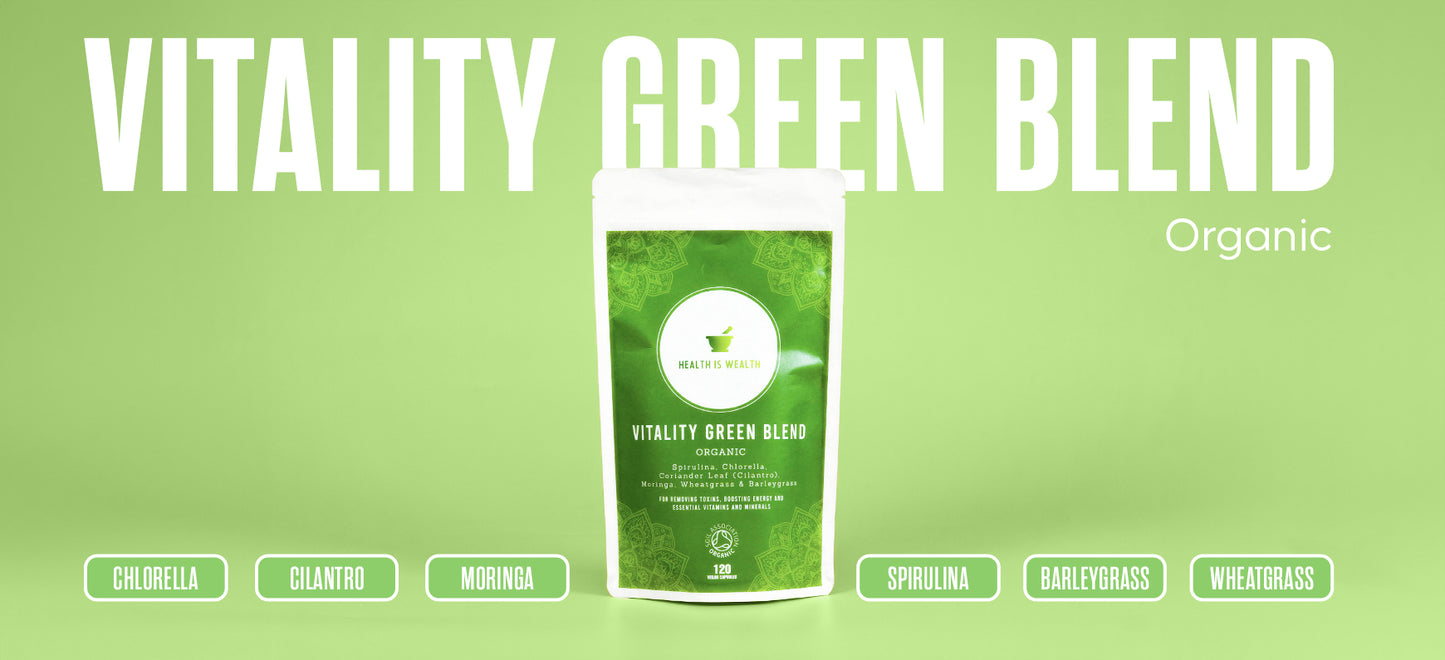 In the image, set against a bright lime green background, is a prominently displayed pouch titled 'VITALITY GREEN BLEND', one of the most nutritious plants and super food plants mix from Health is Wealth. This organic plant supplement, showcases a green circular logo at the top. The product pouch, accentuated with a light green mandala motif, the packaging lists a blend of Chlorella, Cilantro, Moringa, Spirulina, Barleygrass, and Wheatgrass.