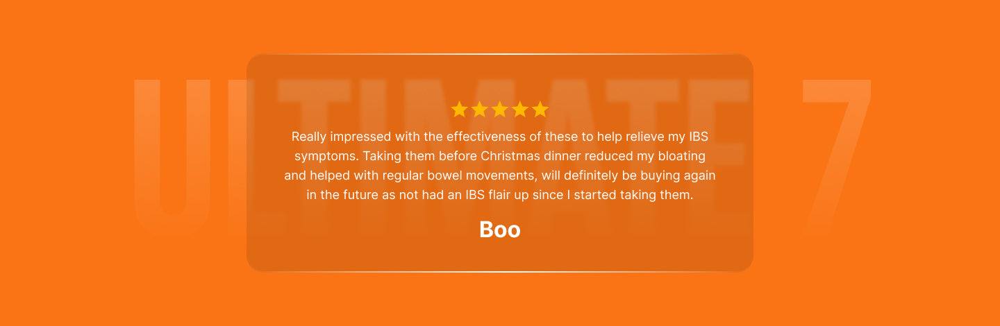  "Customer feedback on an orange background for a digestive health supplement, with five yellow stars, sharing positive impact on IBS symptoms and digestive health, signed by Boo."